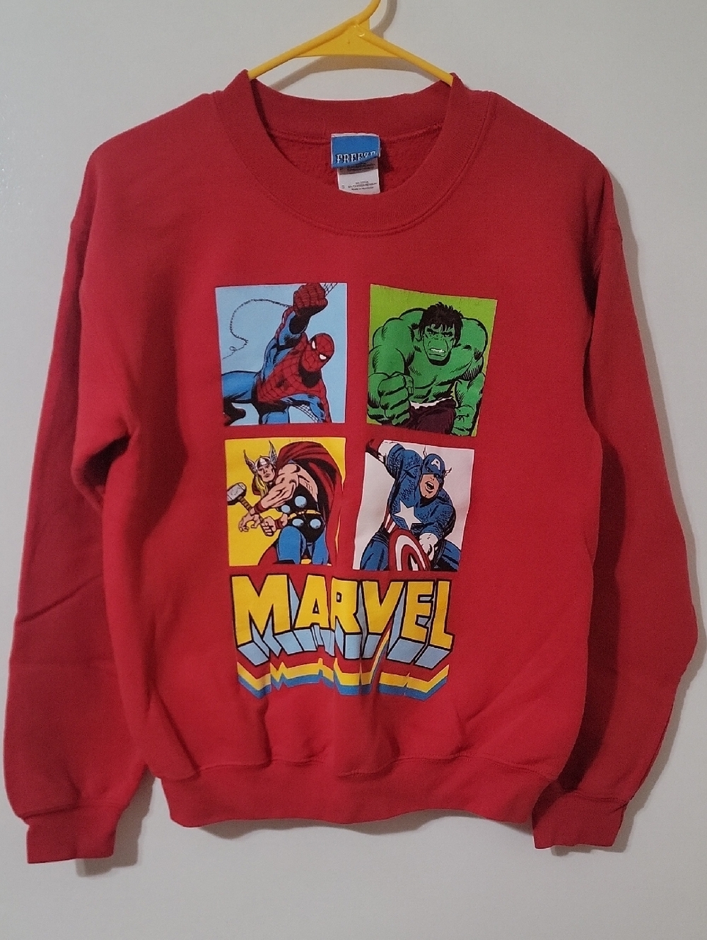 Marvel Red Crewneck with Multi-Colored Superhero Panels